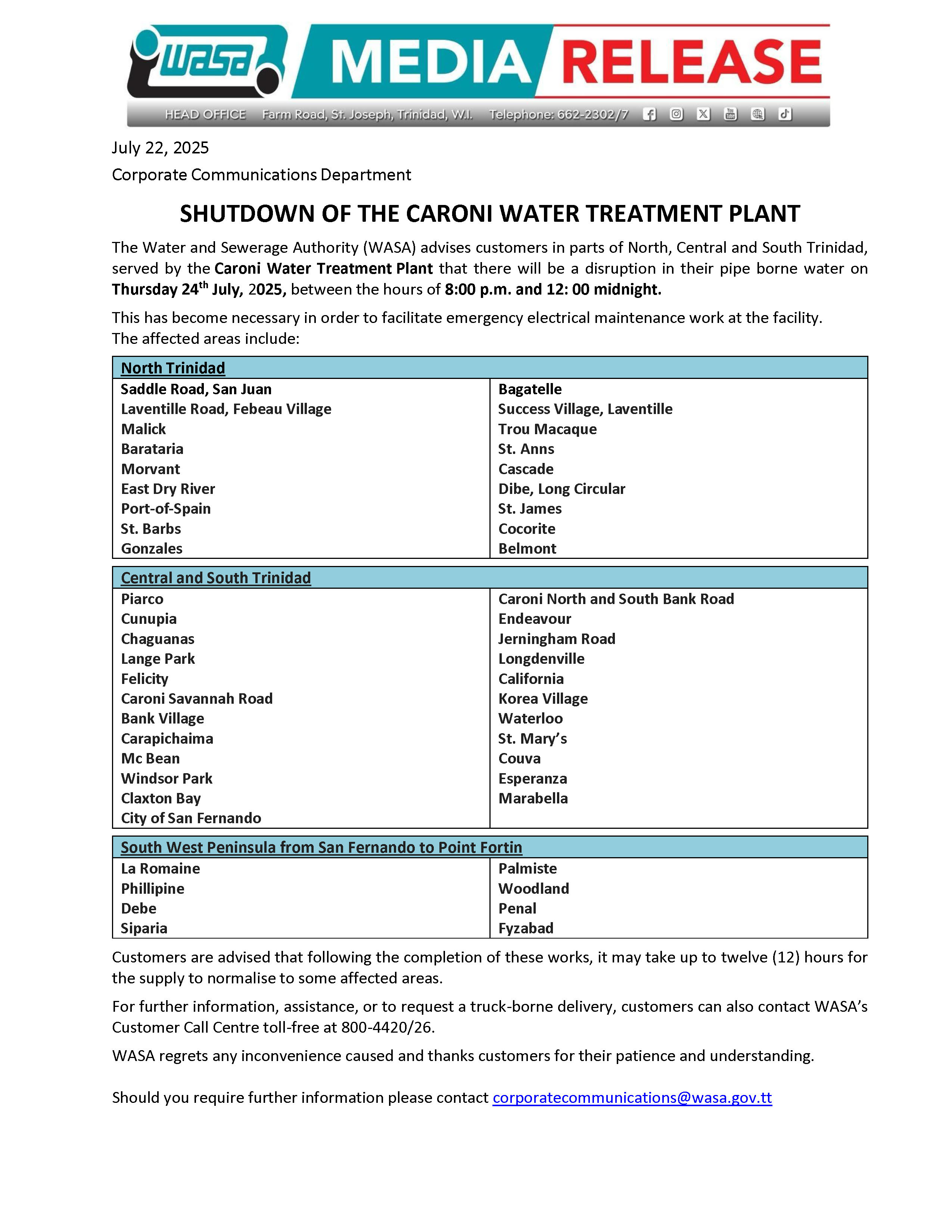 Shutdown at Caroni Water Treatment Plant 22 July 2025